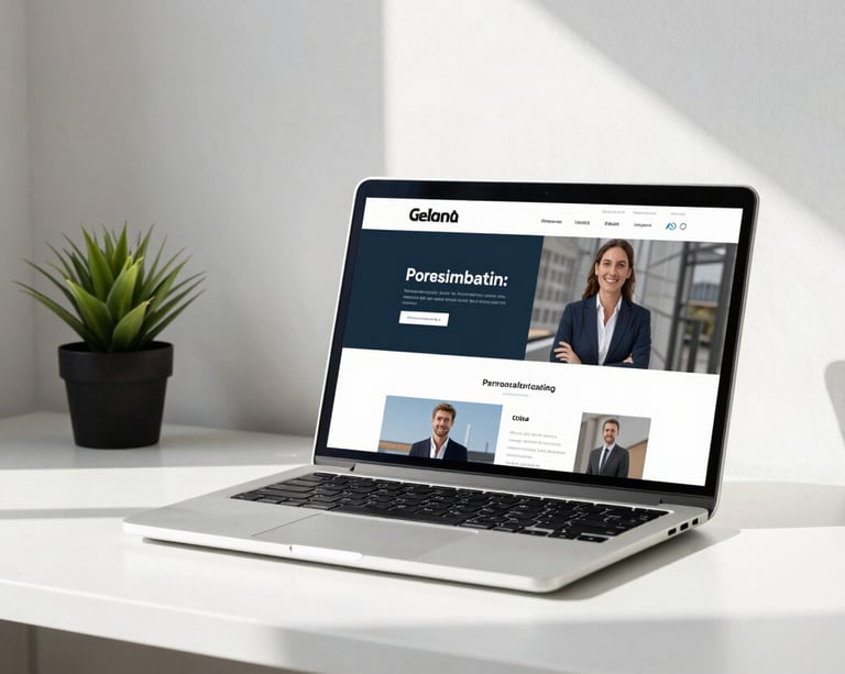 A minimalist workspace with a sleek laptop displaying a clean, professional personal branding website. The setting is bright and airy with soft sunlight, white walls, and a small dark green potted plant. Modern Global / English-speaking professional aesthetic.