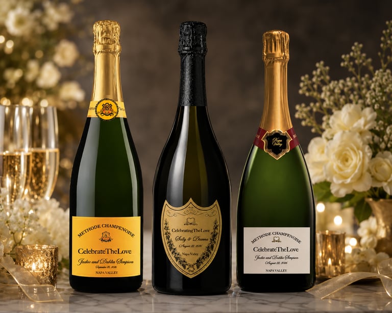 Custom wedding Champagne labels created for Napa Valley weddings