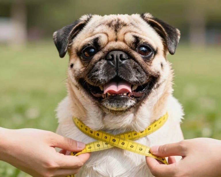 Vibrant pet photography, hands gently using a yellow measuring tape around the chest of a calm, happy pug, bright natural daylight, warm tones, shallow depth of field.