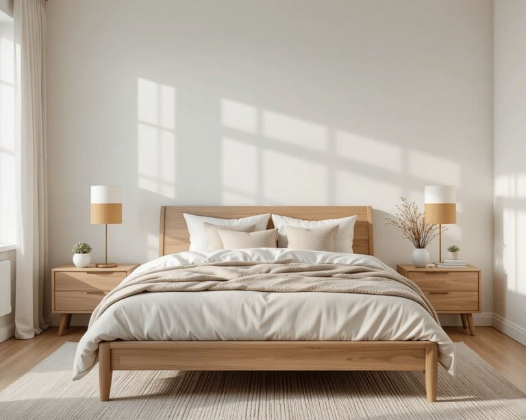 Dormitorio moderno y acogedor con mesillas simétricas y lámparas cálidas a ambos lados de la cama.