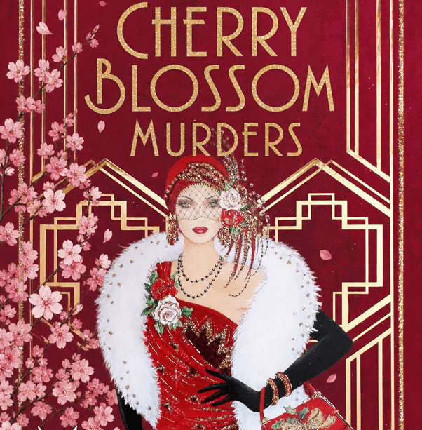a flyer for a 1920s murder mystery. It features a woman in a red dress and cherry blossom.