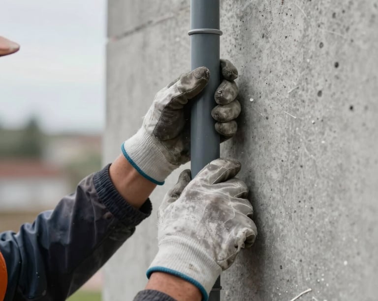 Tight close-up of a worker's gloved hands gripping a heavy electrical conduit on a grey concrete wall, mid-installation, natural overcast daylight from the left, hard shadow, no face visible, documentary detail shot