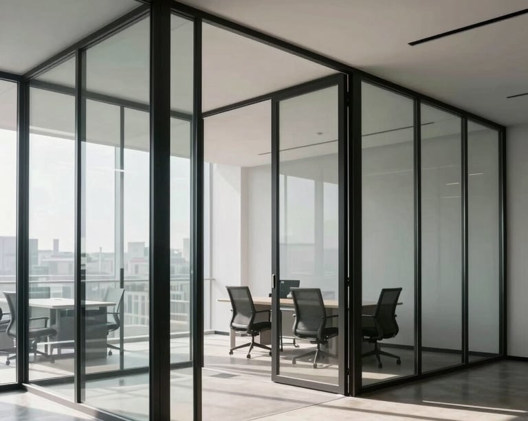 Wide architectural shot of a minimalist office interior with matte black metal profiles framing acoustic glass partitions, natural diffused daylight casting soft shadows, crisp glass-to-wall joints.