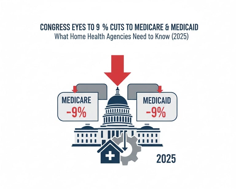 Congressional building with healthcare workers and elderly patients in wheelchairs, representing the