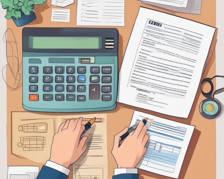 A professional accountant reviewing tax documents with a calculator and laptop in an office setting.