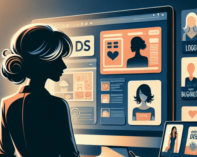 Silhouette of a female graphic designer working on a professional digital brand identity and UI design layout.