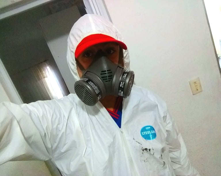 homem com roupa de proteção para desentupimento e dedetização