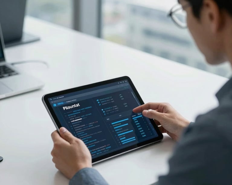 Over the shoulder view of a professional cybersecurity consultant analyzing clean data flows on a modern tablet in a bright Bogotá office, natural daylight, cool slate tones.