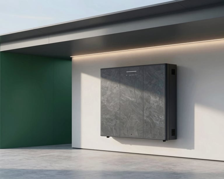 Minimalist modern garage interior with a sleek, wall-mounted slate-grey home battery unit, soft ambient lighting, clean futuristic design.