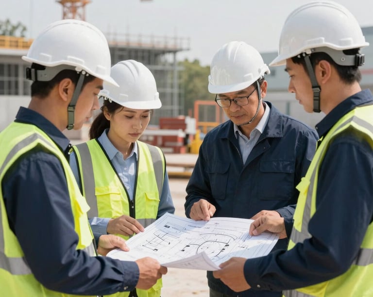 A group of professional engineers in white safety helmets and high-visibility gear discussing complex blueprints on a bright, active infrastructure project site. Global Professional setting with a focus on precision and teamwork, accented with dark blue and white tones.