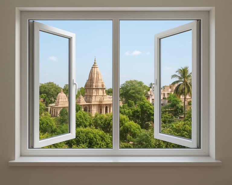 a window with a view of a building