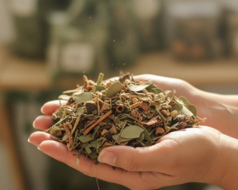 "Manos sosteniendo hierbas naturales de Raíz Viva Naturista"