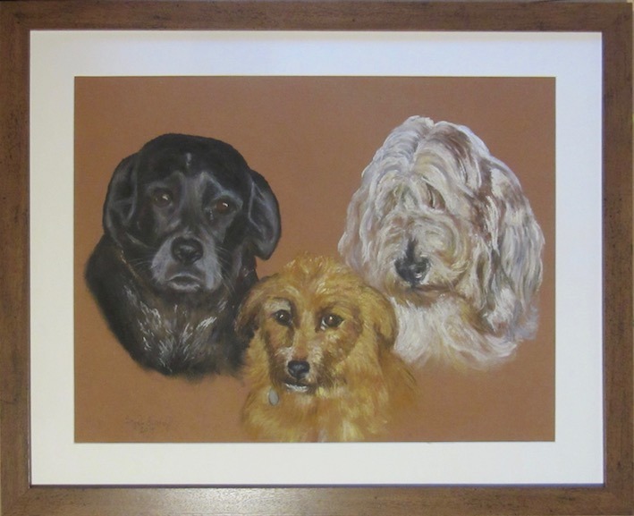 Commissioned triple portrait of 3 dogs, inseparable pals, taken from owner's photograph, drawn in soft pastel