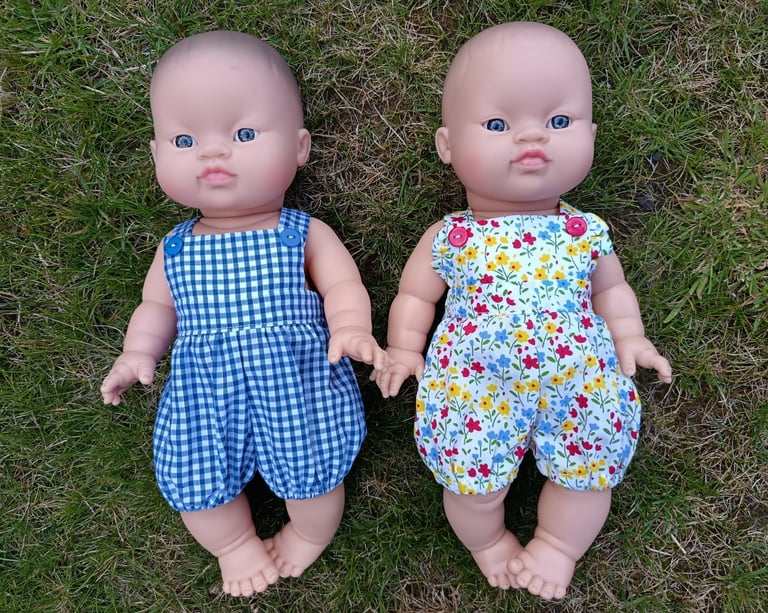 Minikane dolls dressed in summer overalls