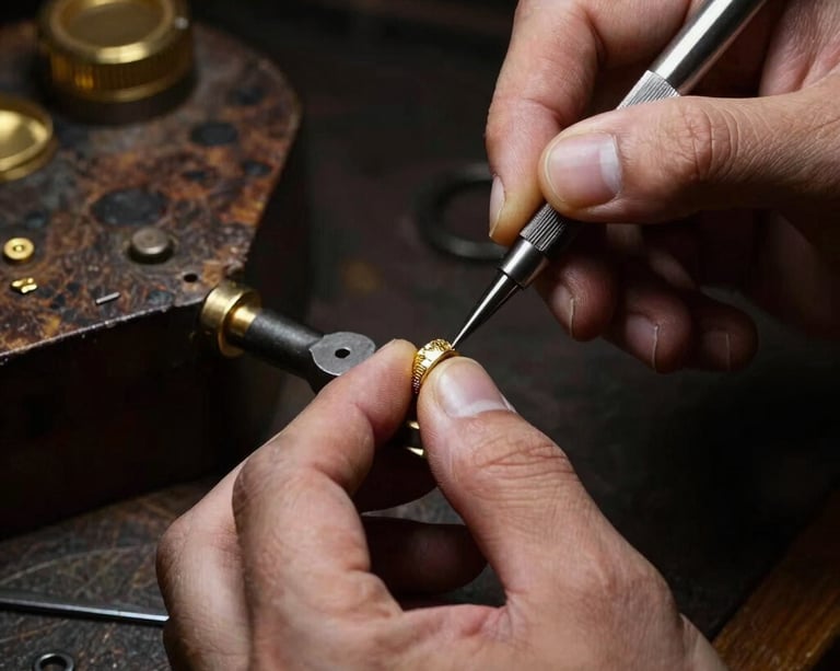 Hands of a master jeweler working with precision tools on a gold setting, dramatic low-key lighting, deep shadows, rich gold tones