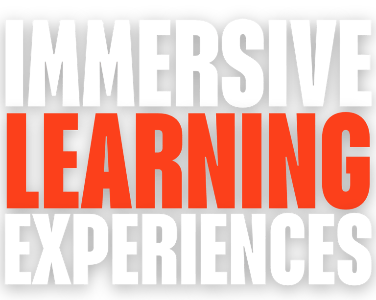 Bold typography graphic reading Immersive Learning Experiences in white and orange text on a black background.