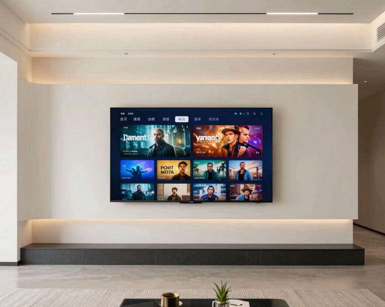 A wide-angle professional photograph of a premium, modern living room in a Global / Indian-influenced home. A large 4K television is mounted on a minimalist wall, displaying a vibrant movie menu. The lighting is soft and sophisticated, with off-white and deep blue accents.