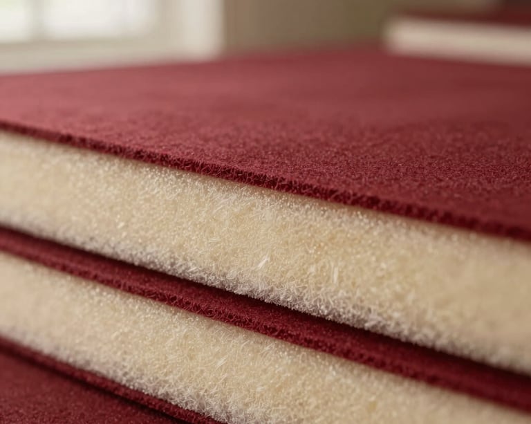 Macro close-up of premium high-density upholstery foam being layered with soft dacron, warm studio lighting, shallow depth of field
