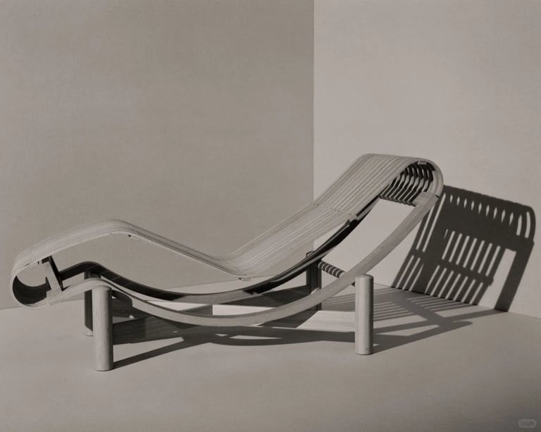 Curved modern chaise longue with slatted surface and sculptural frame in a minimalist black and whit