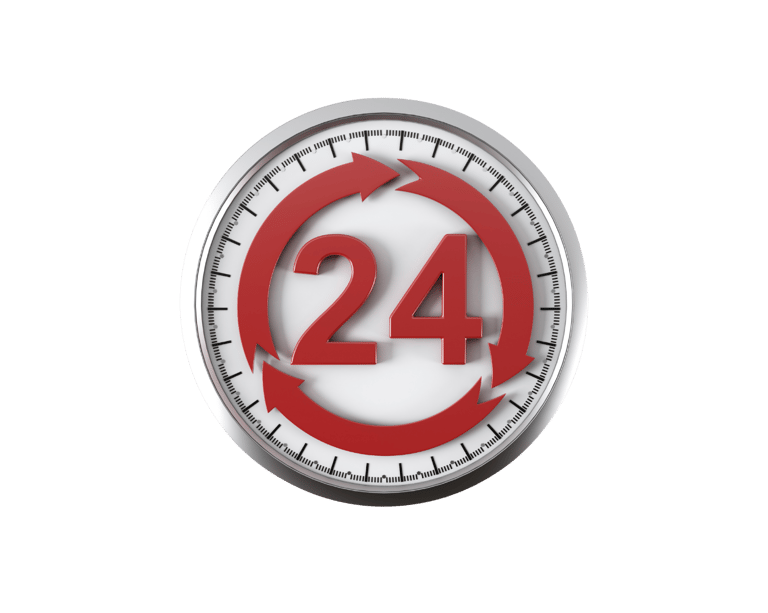 A 3D red 24 hour service icon with circular arrows on a clock face representing round-the-clock availability.