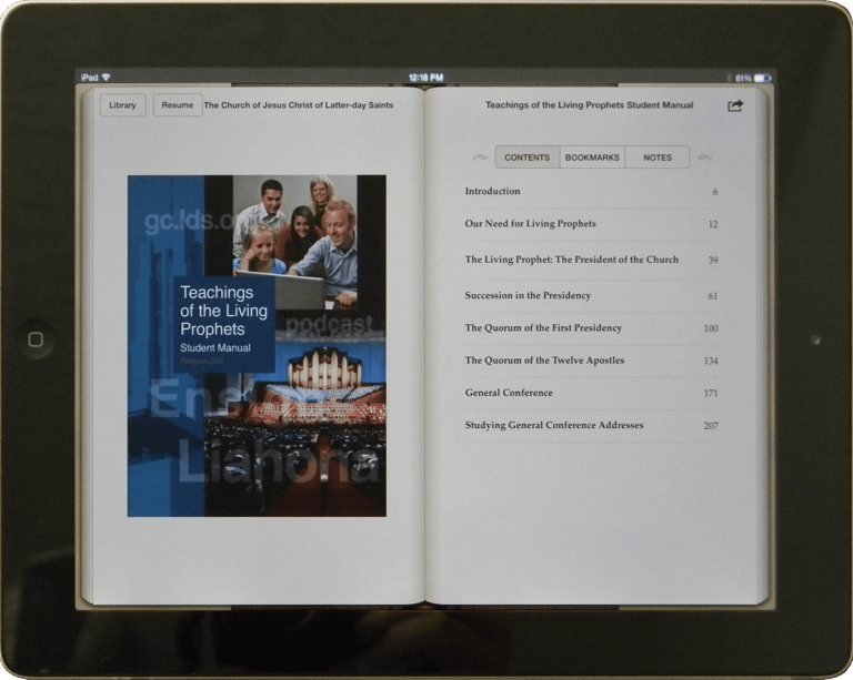 "Teachings of the Living Prophets" Student Manual EPUB—Cover and Table of Contents