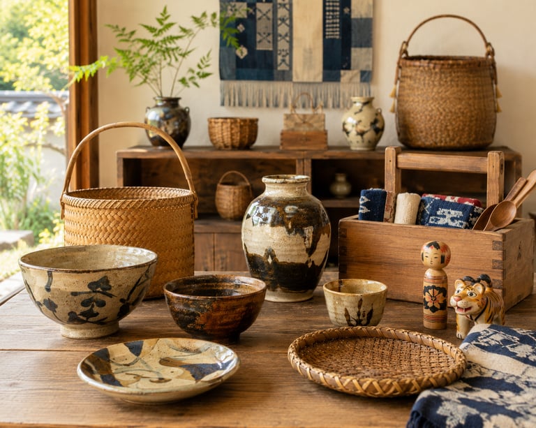 Rustic Japanese pottery, woven baskets, and kokeshi dolls on a wooden table in a traditional interior.