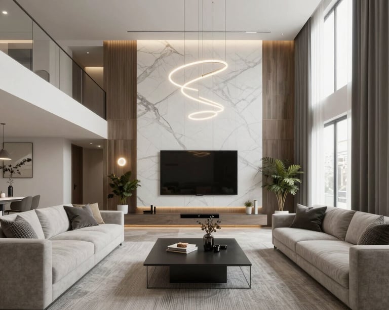 Modern luxury living room with marble feature wall, spiral chandelier, and gray sofas.