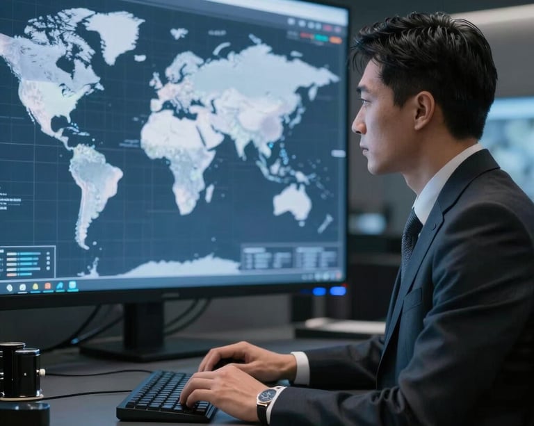 Business professional analyzing global market data for strategic market entry planning
