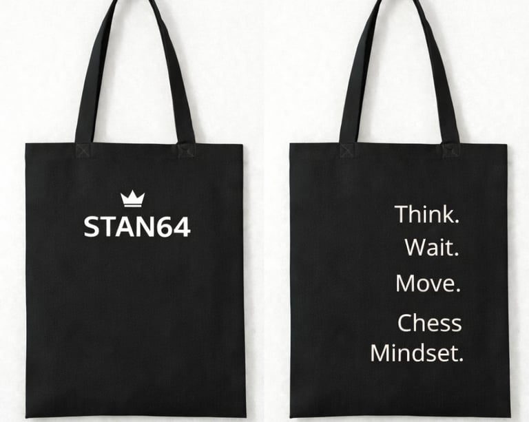 STAN64 Black tote bag logo Think Wait Move Chess Mindset quote.