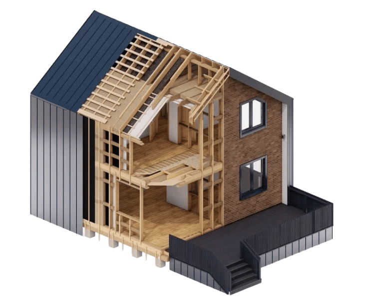 a house with a wooden frame and a metal roof