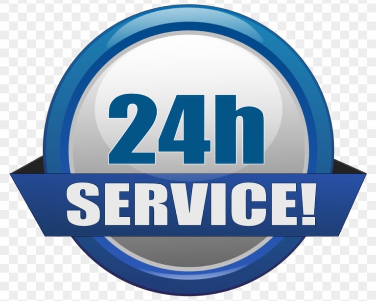a service center with a blue ribbon around the logo