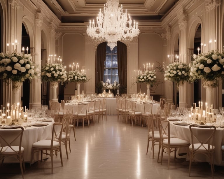 An elegant outdoor evening event with string lights overhead and guests mingling in chic attire.