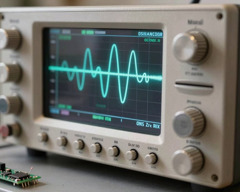 Primer plano extremo de una sonda de osciloscopio tocando un pin de microchip en una placa electrónica de control industrial, pantalla de osciloscopio con ondas cian de fondo difuminado.