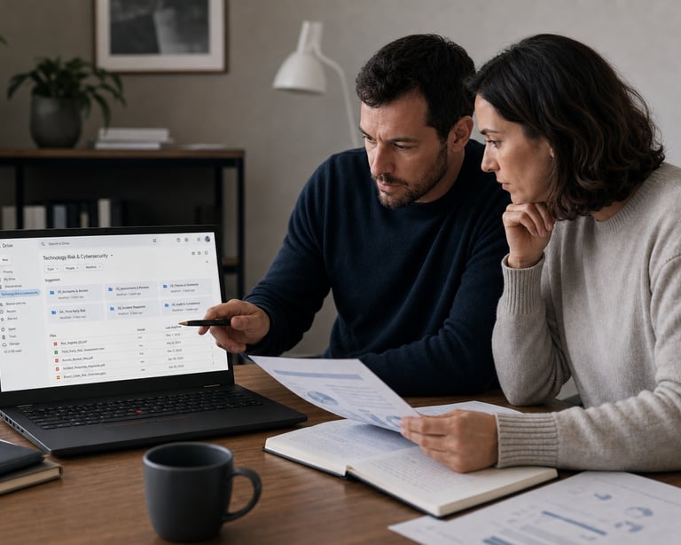 dos profesionales chequeando los permisos de a documentación en su nube