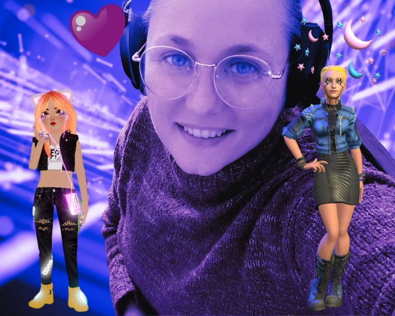 a woman with headphones and a doll in front of a photo of a woman