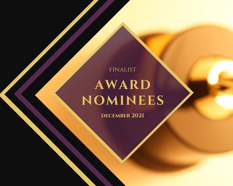 A gold and black graphic with the text "FINALIST AWARD NOMINEES DECEMBER 2021" overlays a blurred image of a golden key in a