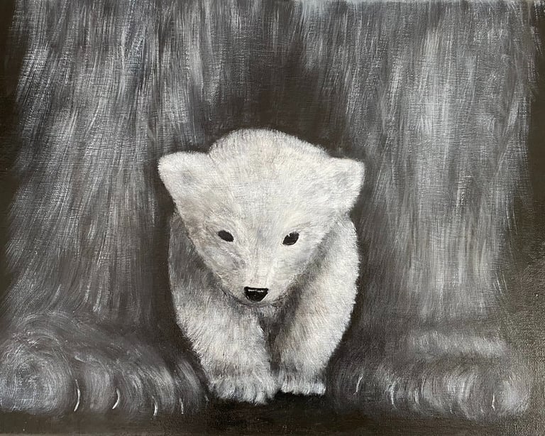 Baby Bear walking through mum's legs in Black & White, Acrylic Painting