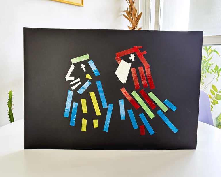 Imagem da obra de arte araras, o desenho de duas araras, uma vermelha e outra azul sobre fundo preto.