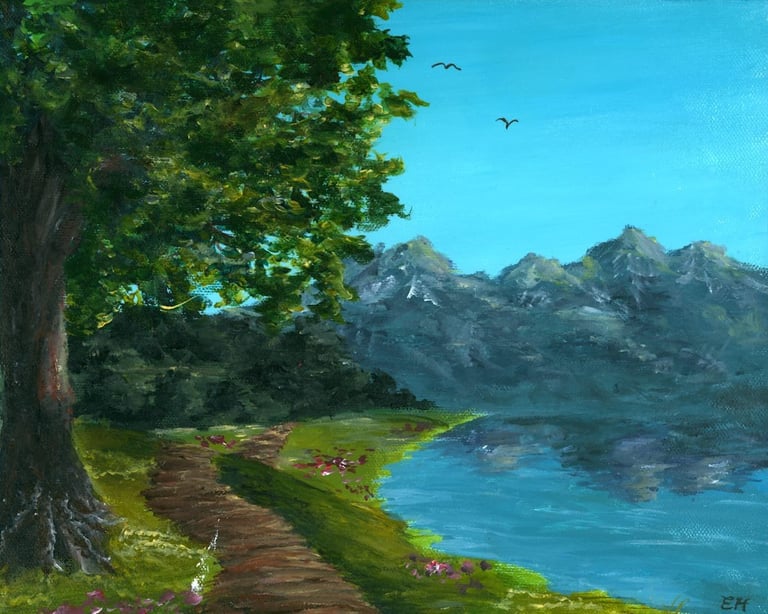 a painting of a path leading to a lake