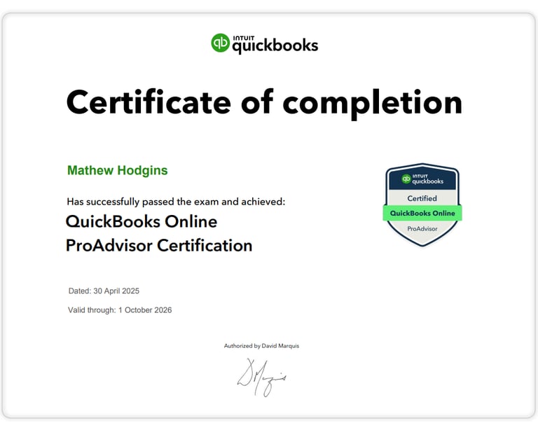 Mathew Hodgins QuickBooks Online ProAdvisor Certificate