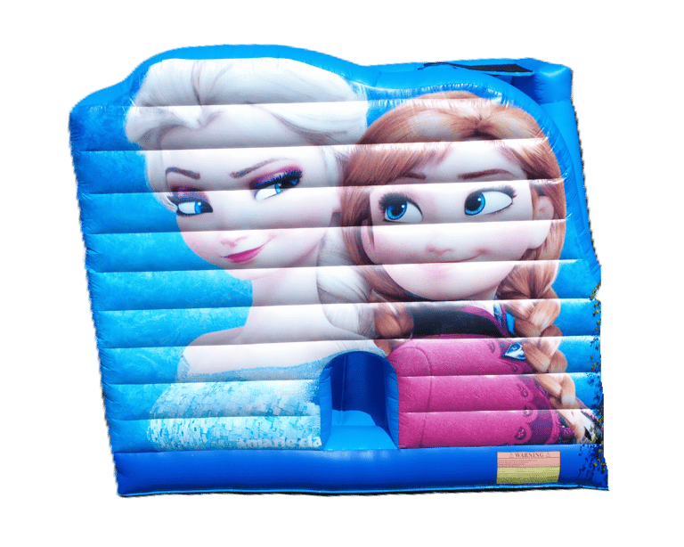 Frozen-themed inflatable bounce house featuring Elsa and Anna characters for children's parties.