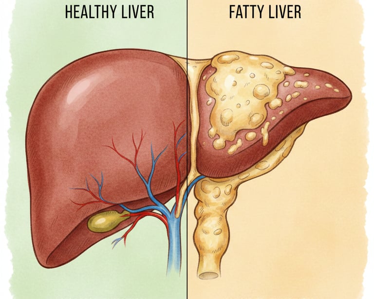 Illustration of healthy liver vs fatty liver disease.-Liver Transplant Surgeon Dr. Srinivas Bojanapu