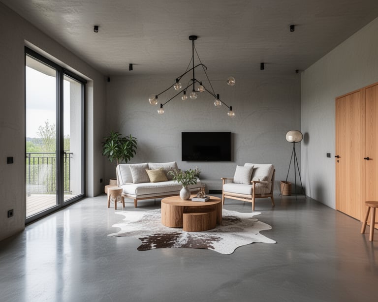 Modern living room with microcement flooring and minimalist decor featuring a cowhide rug, wooden co