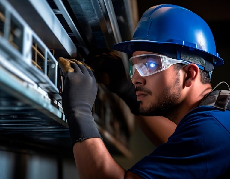 Professional technician in a hard hat and safety glasses performing HVAC maintenance.