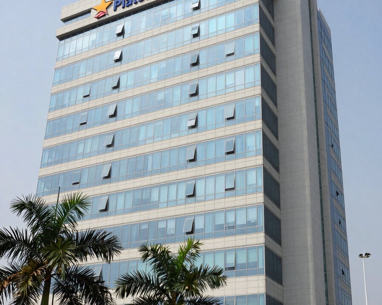 A prestigious office building in Plateau, Abidjan, representing the headquarters of a conglomerate, featuring glass architecture, pale gray-white facade, and palm trees in the foreground, professional lighting.