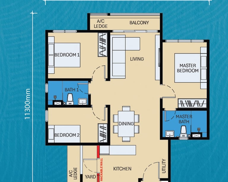 A detailed 958 sq.ft. 3-bedroom apartment floor plan featuring a master bedroom, living area, and kitchen.