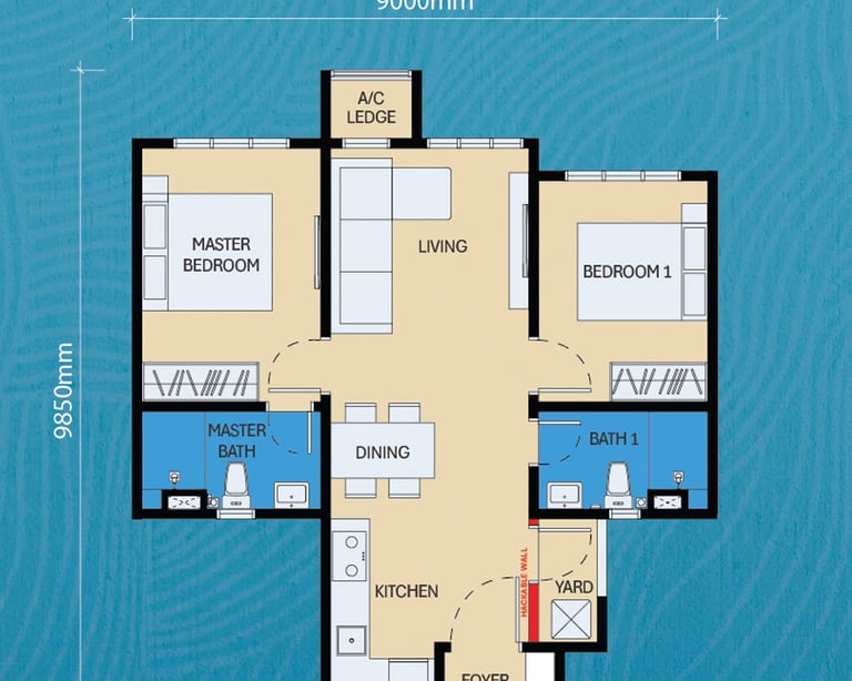 A 2-bedroom floor plan for a 657 sq ft modern apartment layout with master bath and kitchen.