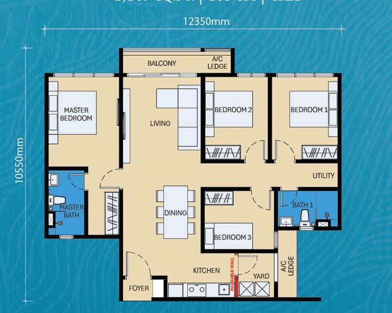 A 1,109 square foot 4-bedroom apartment floor plan featuring a balcony, master suite, and kitchen yard.