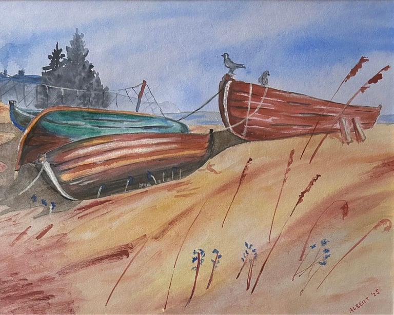 Original watercolor painting of fishing boats and nets on the shore