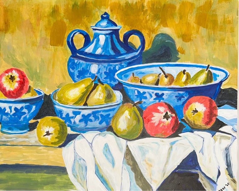 Original painting depicting fruit arranged with blue ceramic vessels on a tabletop.